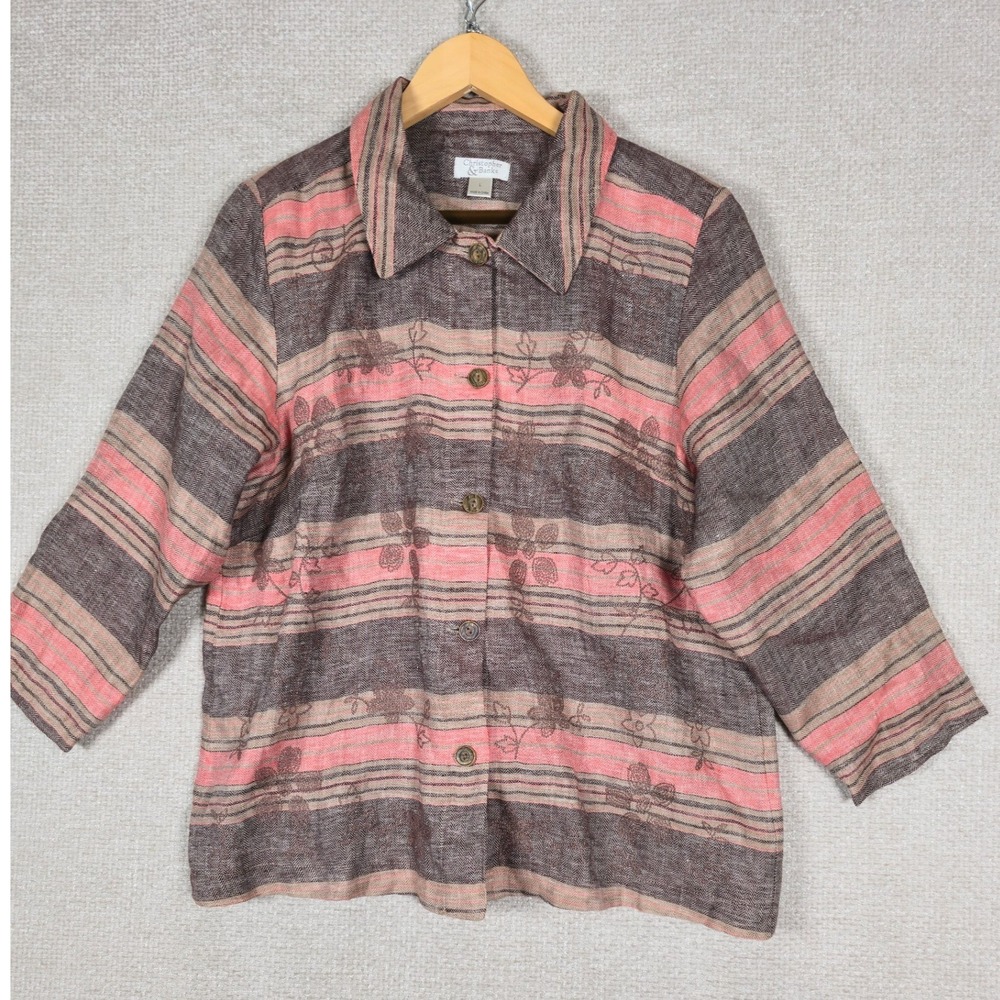 Christopher & Banks Jacket Large 100% Linen Lined Brown Pink Striped Floral Sz L